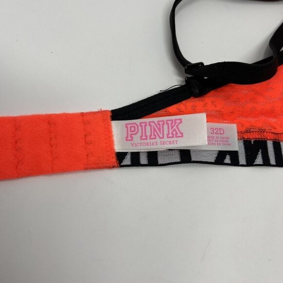 Victorias Secret PINK Push Up Bra Size 32D Neon Orange Leopard Logo - Picture 8 of 9